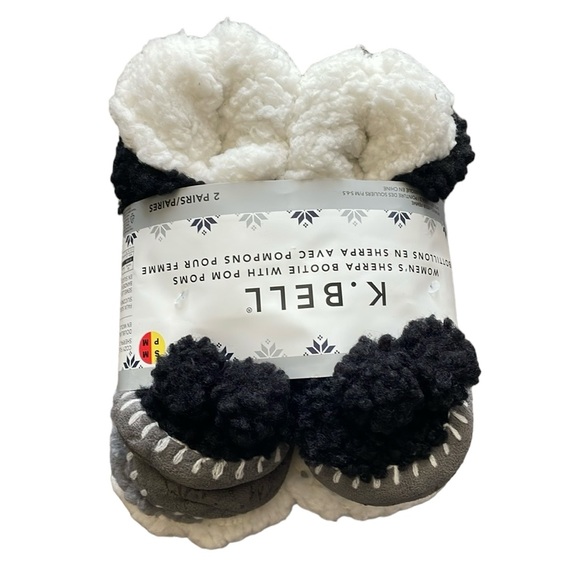 K. Bell - 2 Pack Sherpa Bootie Slippers with Pom Poms - Picture 4 of 4